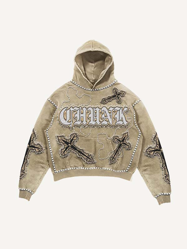 Cross&Wing&Letter Faux Decal Print Slant Pockets Hoodie