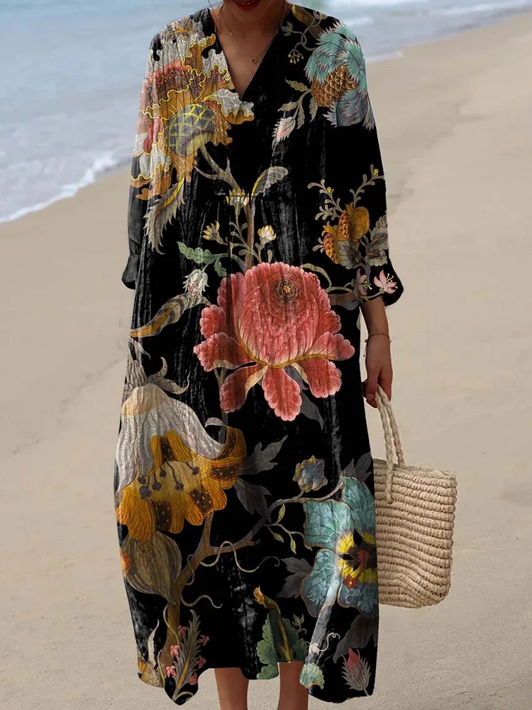 Women's Vintage Lovely Floral Art Print Cotton Dress