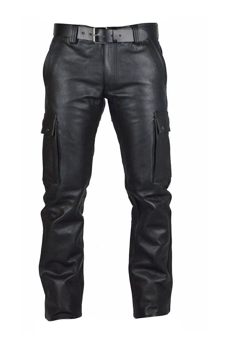 PU Leather Patch Pockets Black Straight Pants