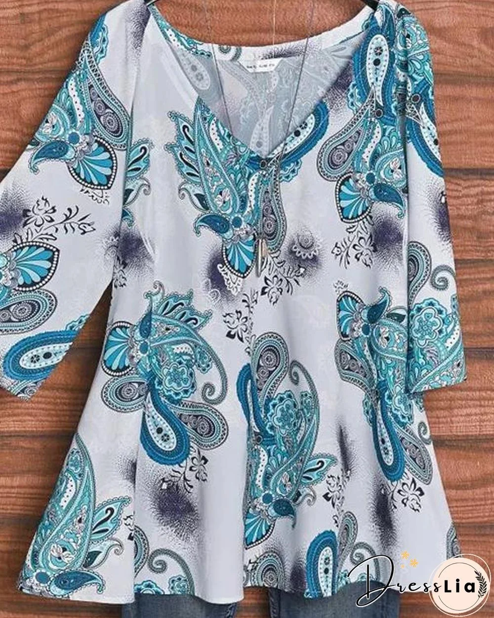 Casual V Neck 3/4 Sleeve Loose Fit Floral Blouses