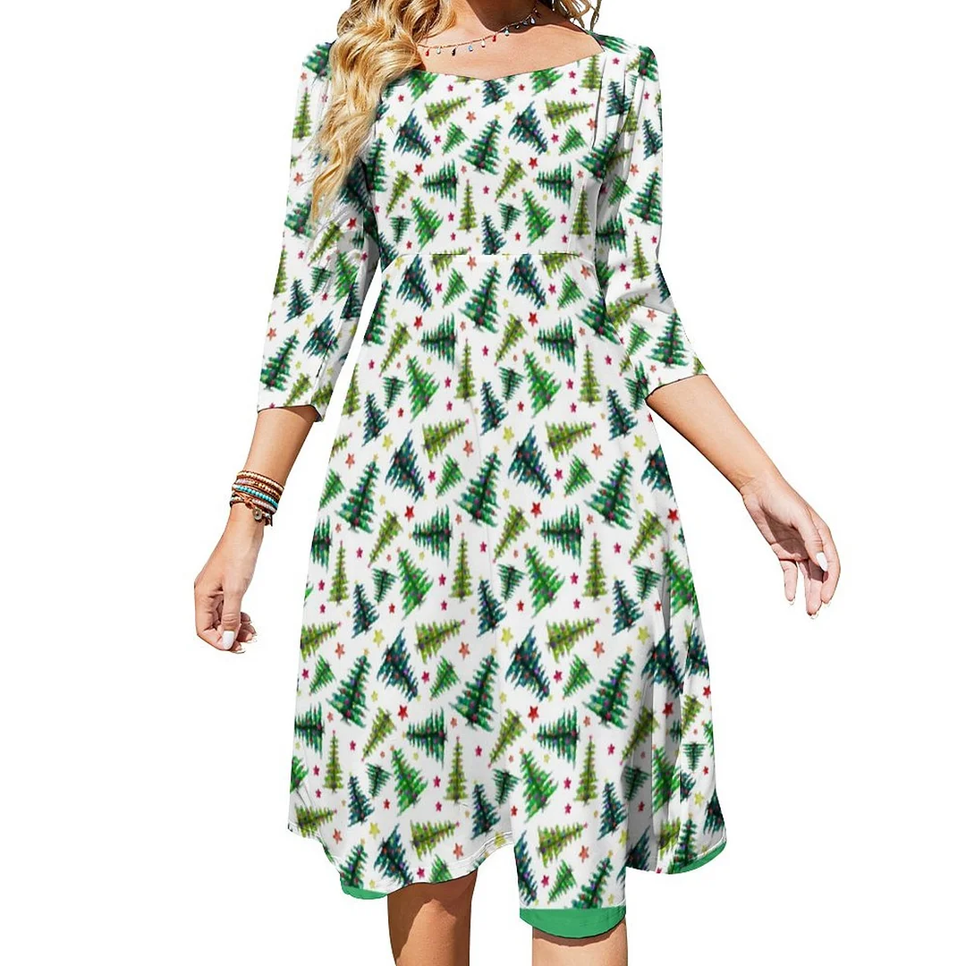 Chic Abstract Watercolor Christmas Trees Stars Dress Sweetheart Tie Back Flared 3/4 Sleeve Midi Dresses