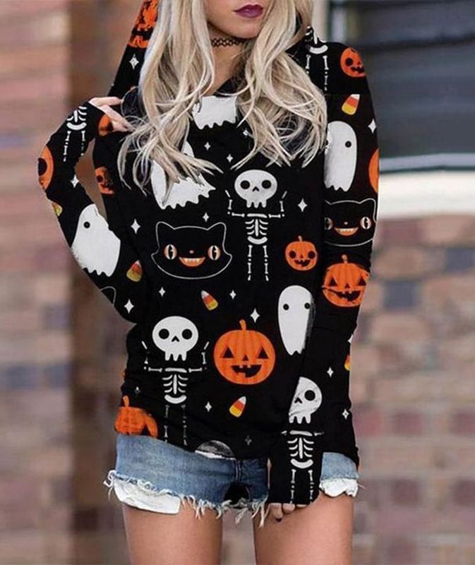 Smile Pumpkins Ghost Cats Printed Women Hooded Sweatshirt