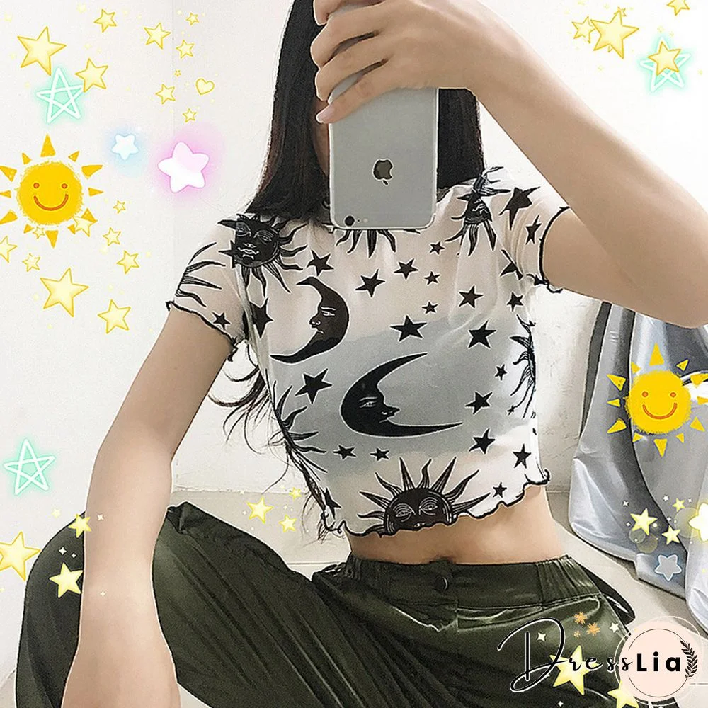 Moon Stars Print Women T-shirt Hot Sale Mesh Sheer See-through Tee Tops Summer Fashion Ruffles Short Sleeve Crop Top