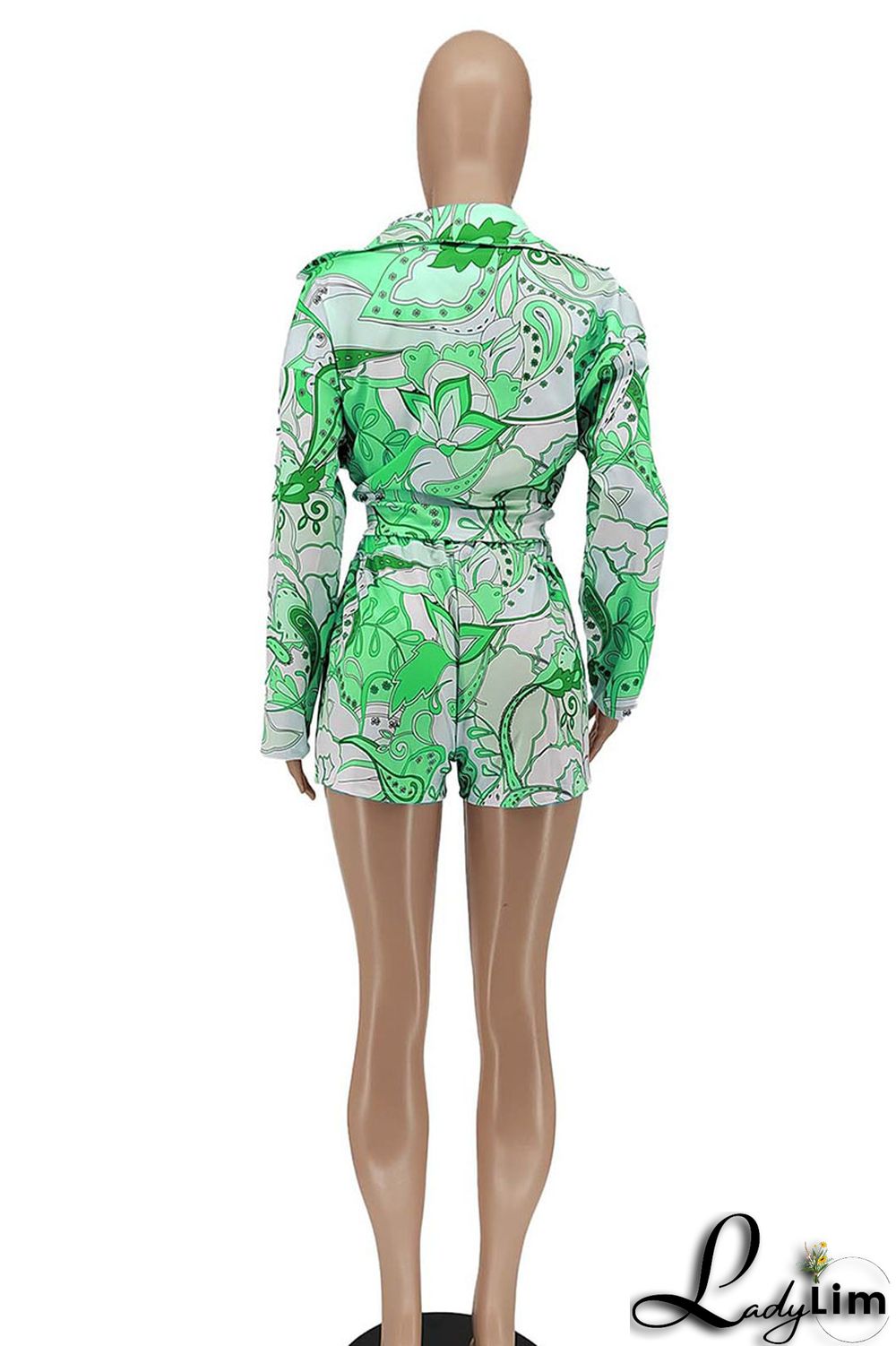 Green Fashion Sexy Print Patchwork Turndown Collar Long Sleeve Three Pieces