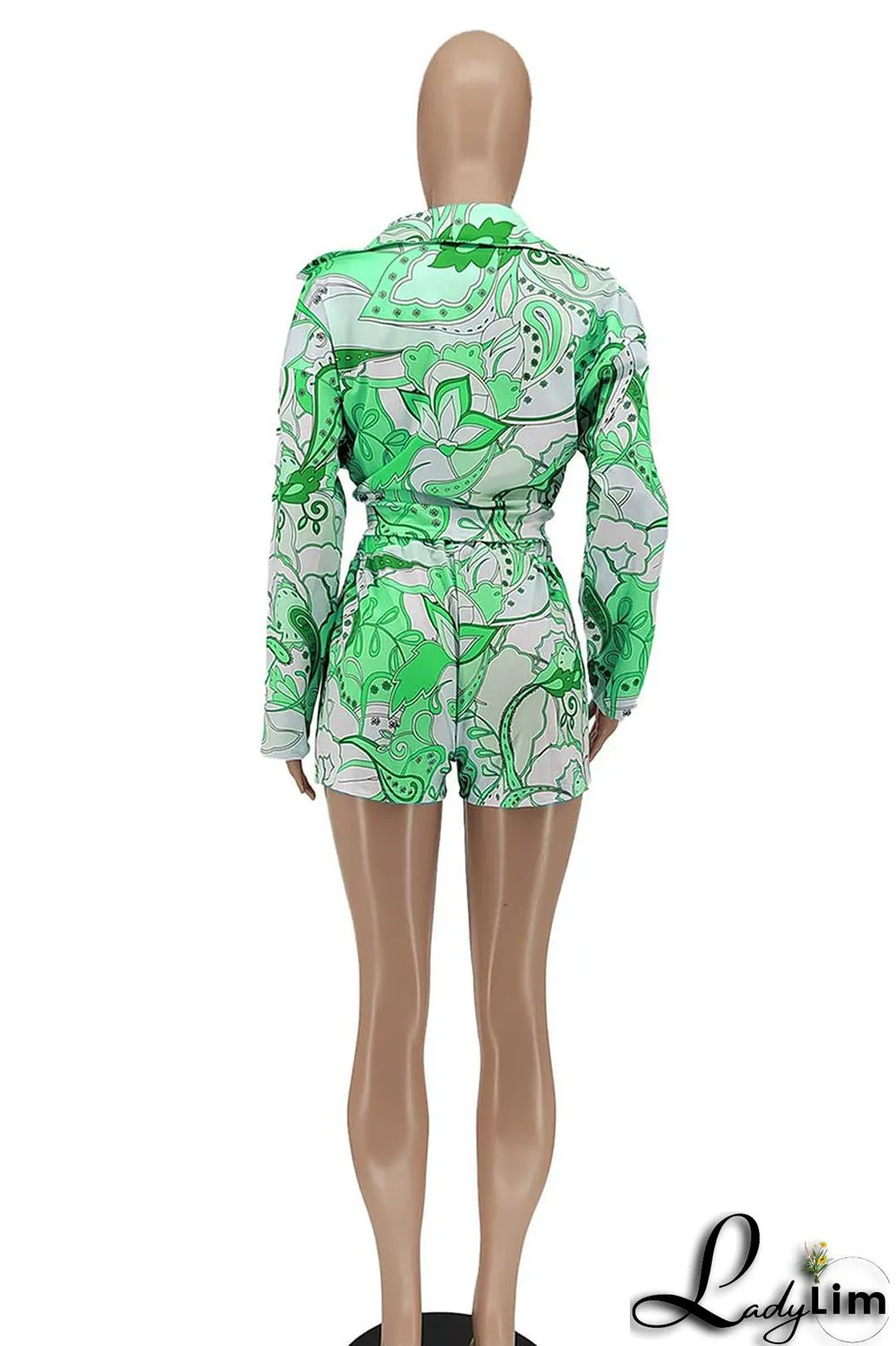 Green Fashion Sexy Print Patchwork Turndown Collar Long Sleeve Three Pieces