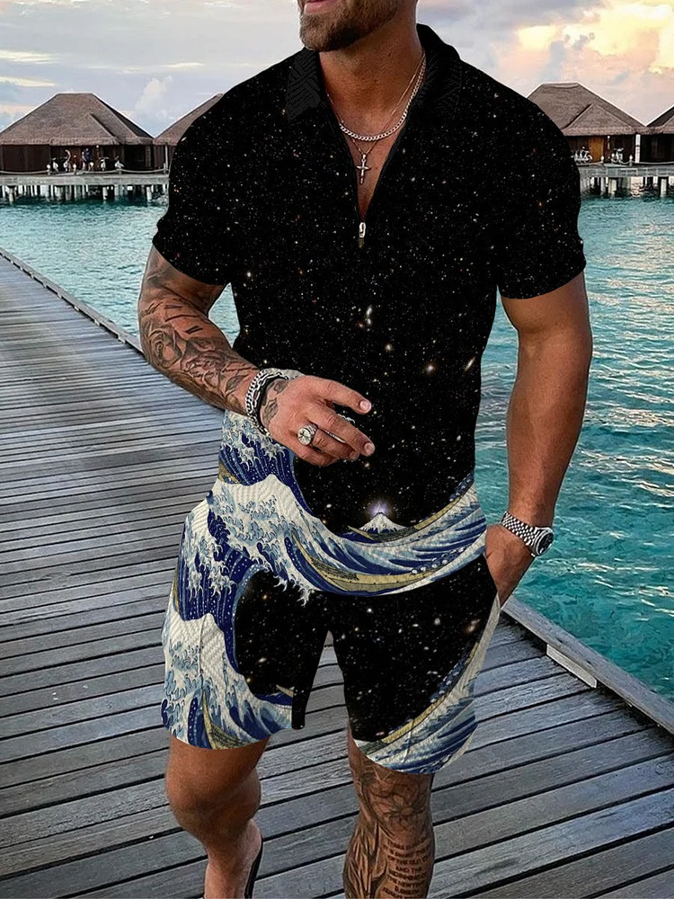 Men's Fashion Printed Zip Polo Shirt and Shorts Two-Piece Suits