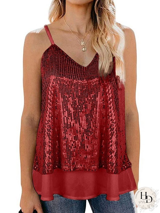 Camisole Tank Top Vest Black White Yellow Sparkly Sequins Layered Sleeveless Stage Streetwear Sexy V Neck Regular S for Women