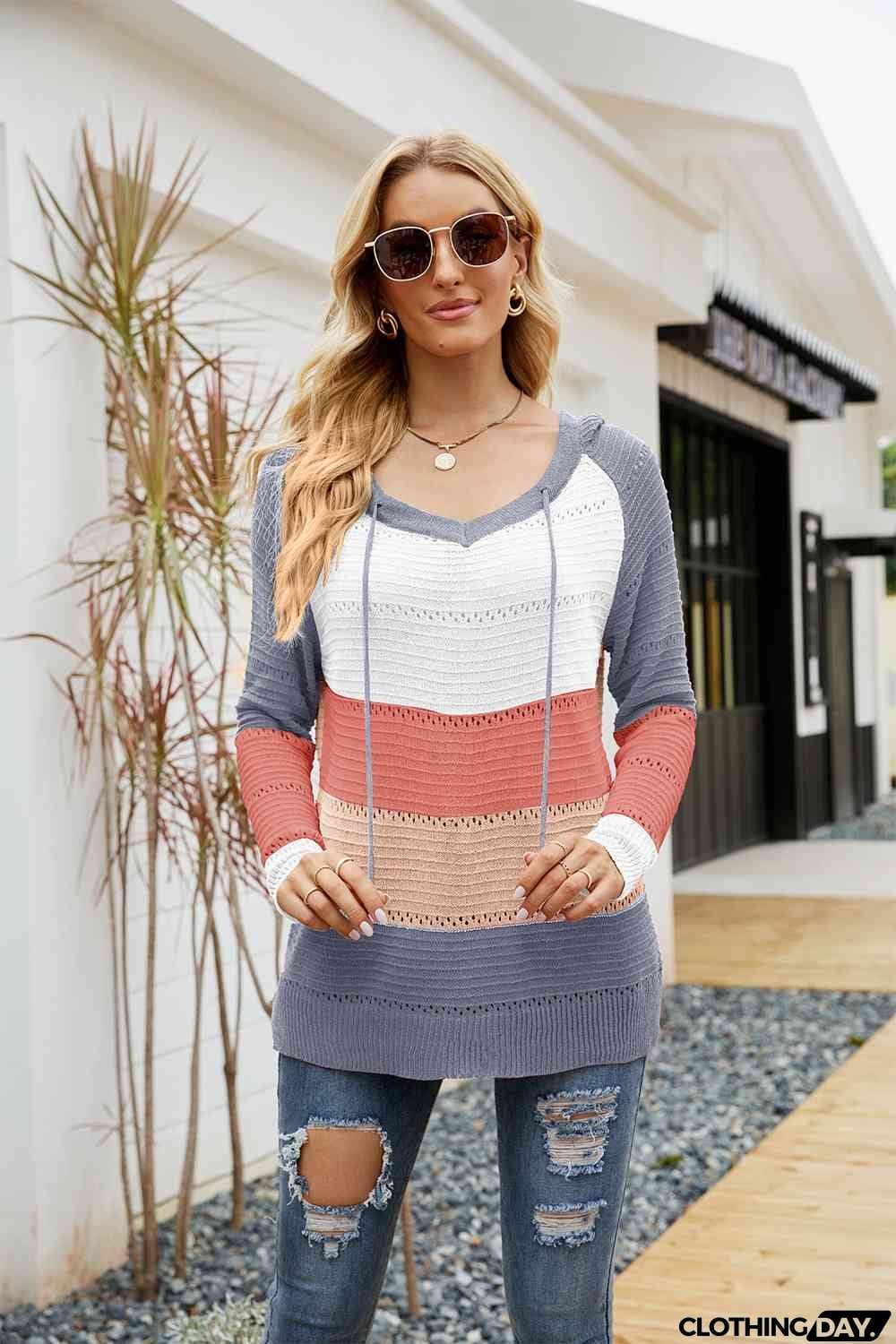 Color Block Drawstring Hooded Sweater