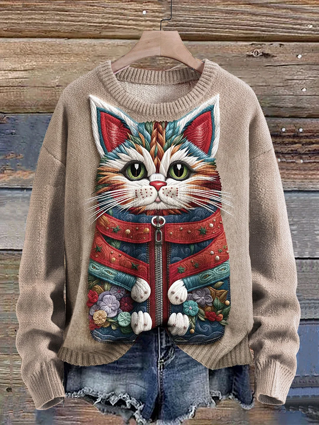 Funny Cat Art Print Knit Pullover Sweater