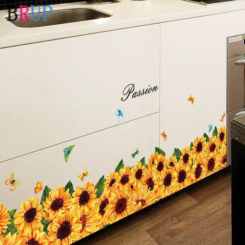 137*36cm Beautiful Sunflower Baseboard Wall Stickers Natural Plant Home Decor for Kitchen Bedroom Fashion PVC Vinyl Wall Decals