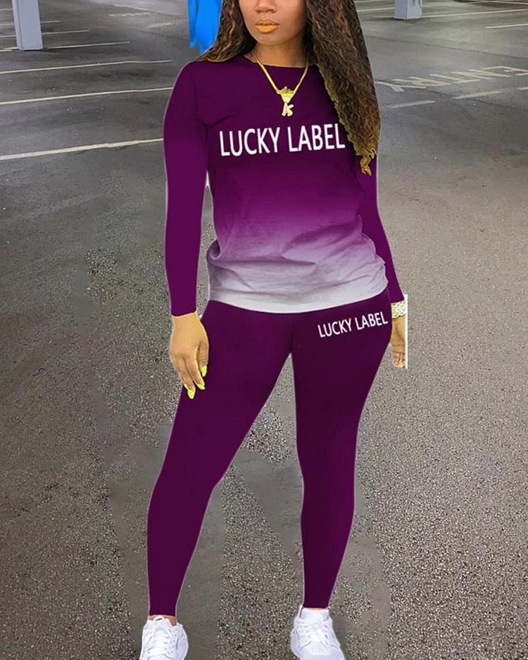 Ombre Letter Print Top & Pants Set - Shop Trendy Women's Clothing | LoverChic