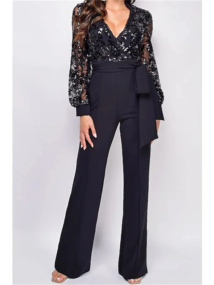 Women's Jumpsuit Solid Color Deep V Elegant Daily Holiday Straight Regular Fit Long Sleeve Black 3XL Spring