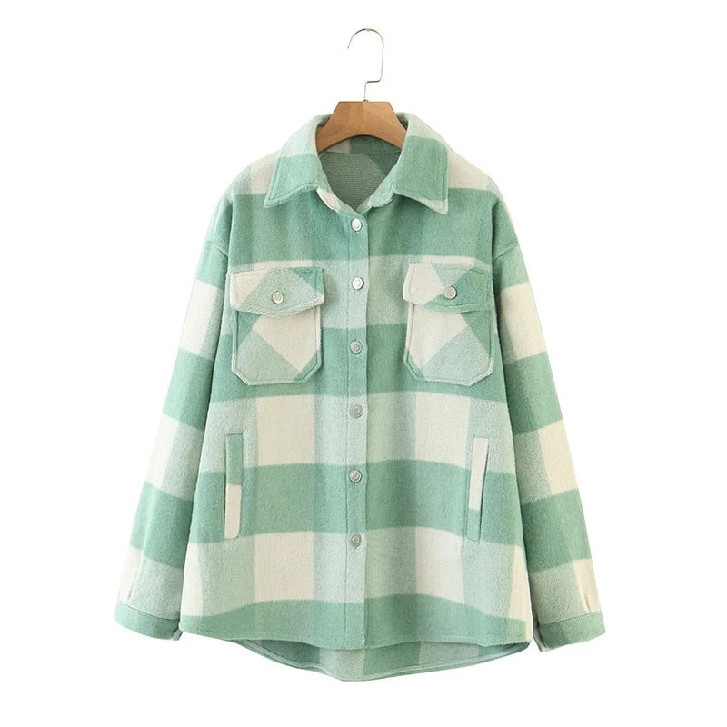 Fitshinling Vintage Checker Blouse Shirt Women Pockets Long Sleeve Tops 2021 High Quality Plaid Oversized BF Shirts Female Sale