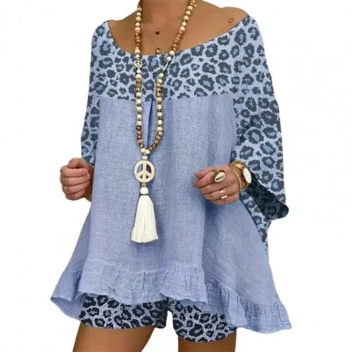 Women Outfit Casual 3/4 Sleeve Leopard Patchwork O Neck Loose T-shirt Shorts Loose Summer Elegant Women Matching Set