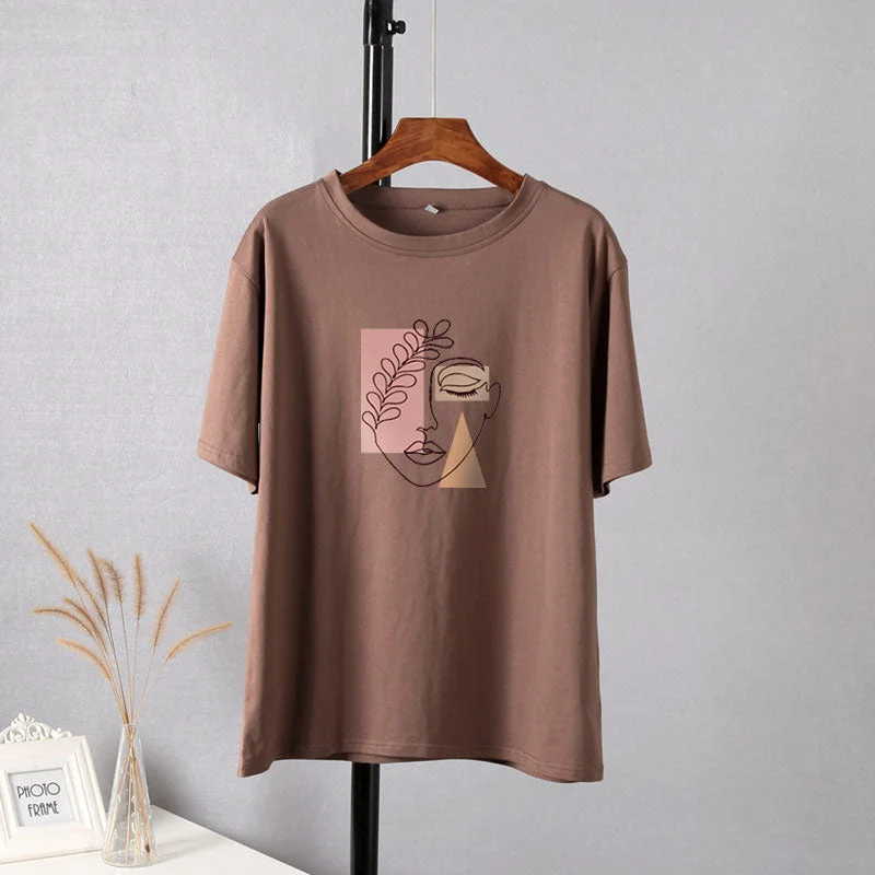 Hirsionsan Aesthetic Graphic Cotton T Shirts Women Summer Simple Line Print Loose Tees Vintage Short Sleeve Casual Female Tops