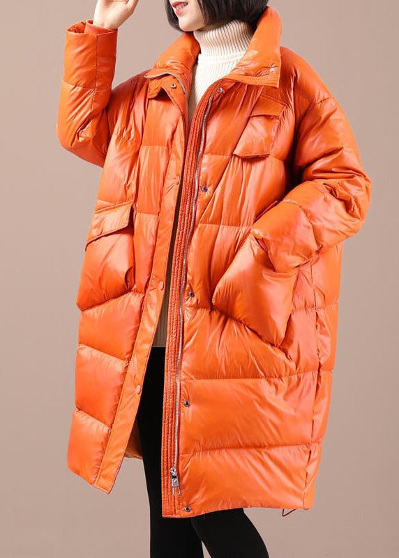 Chic Orange Loose Stand Collar Pockets Winter Duck Down Coats CK925- Fabulory