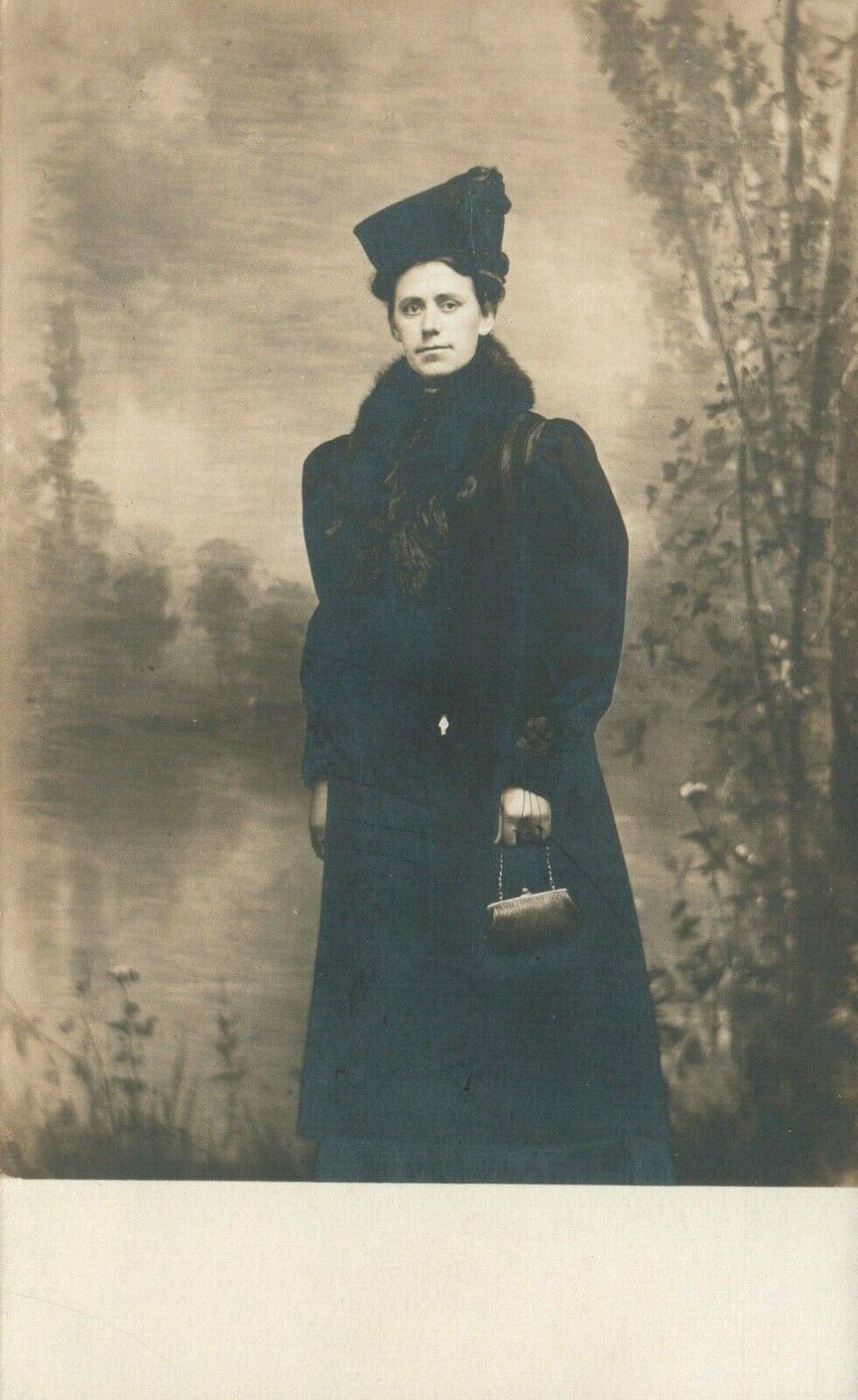 Antique Young Rich Lady with Fur Coat Hat and Clutch RPPC Real Photo Poster painting Postcard