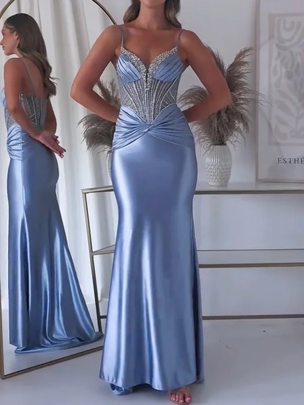 Sequinned Flower Mesh Splicing Tube spagehtii-neck Evening Satin Maxi Dresses