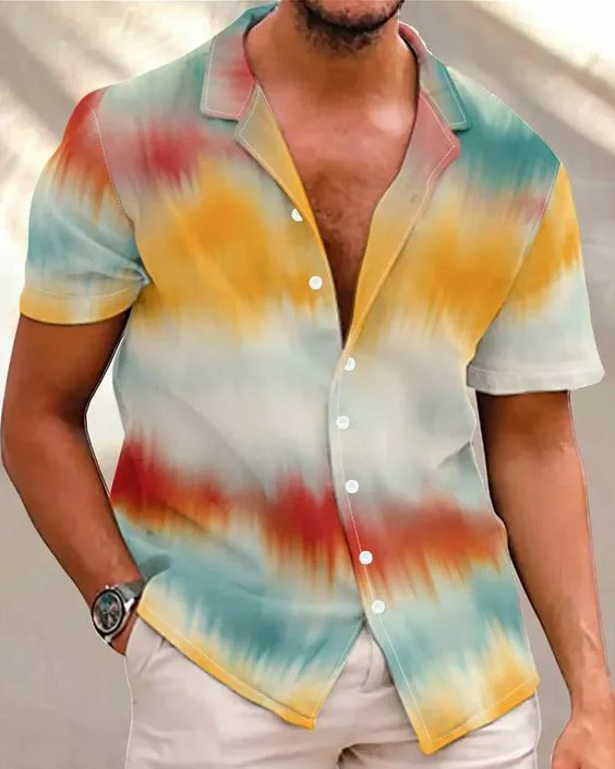 Men's Casual Colorblock Gradient Short Sleeve Shirt