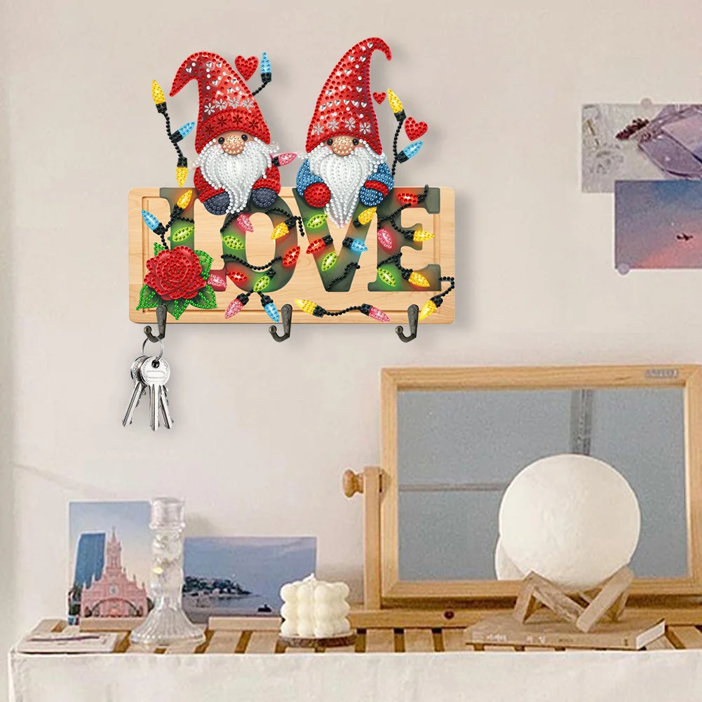 DIY Love And Gnome Wooden Special Shape 3 Hooks No Punch Diamond Painting Hook Rail