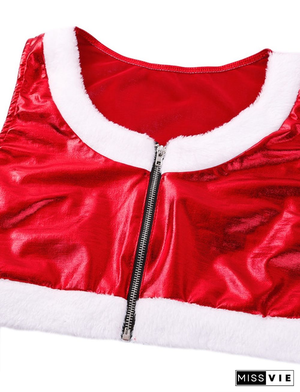Womens Red 4Pcs Outfit Christmas Babe Outfit Costume White Flannel Trimmed Shiny Metallic Sleeveless Crop Top #S-XL