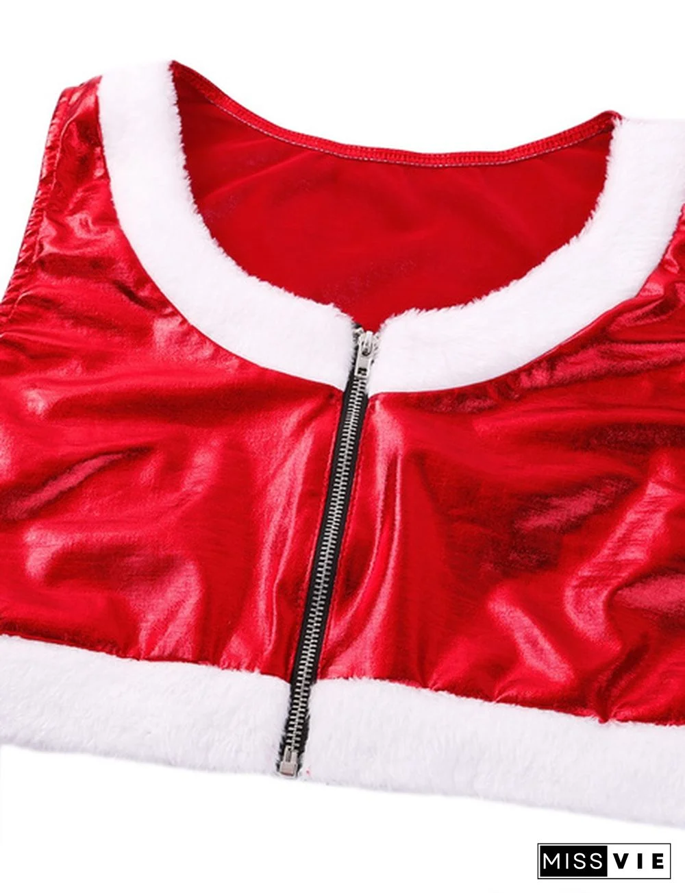Womens Red 4Pcs Outfit Christmas Babe Outfit Costume White Flannel Trimmed Shiny Metallic Sleeveless Crop Top #S-XL