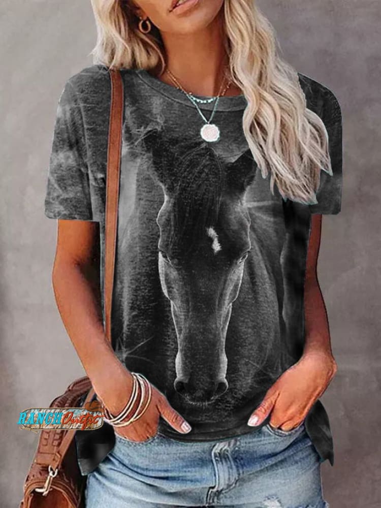 Women’s Western Vintage Horse Forest Print T-Shirt As Shown / S