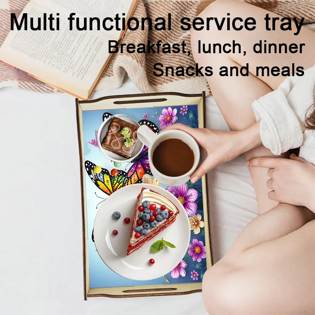 DIY Diamond Painted Dining Plate with Handle Wooden Food Tray Home Decor Gift