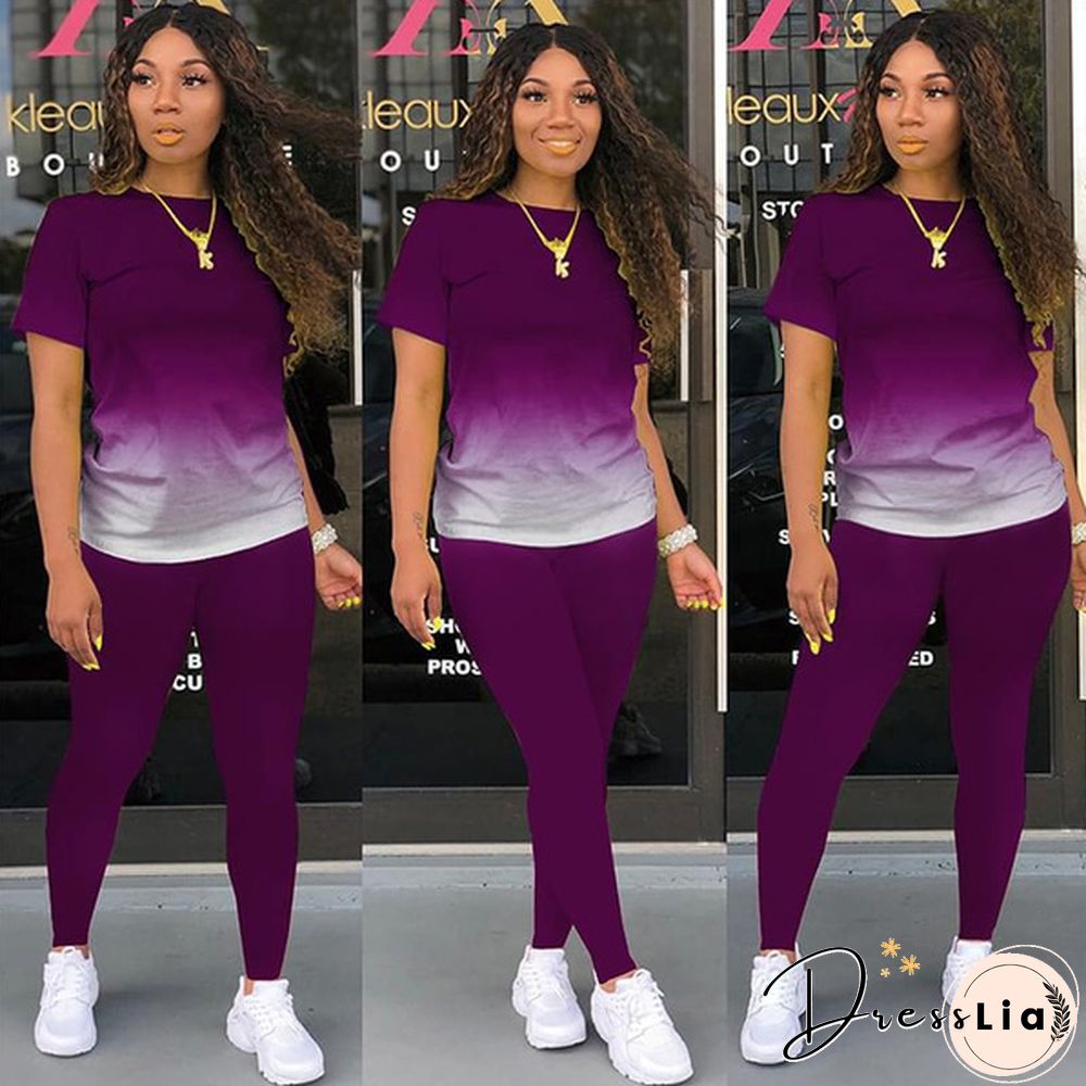 New Women's Fashion Gradient Short Sleeve Top and Pants Casual Sportswear Suit Two-piece Suit Plus Size