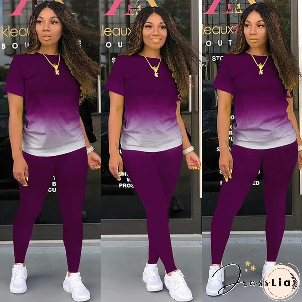 New Women's Fashion Gradient Short Sleeve Top and Pants Casual Sportswear Suit Two-piece Suit Plus Size