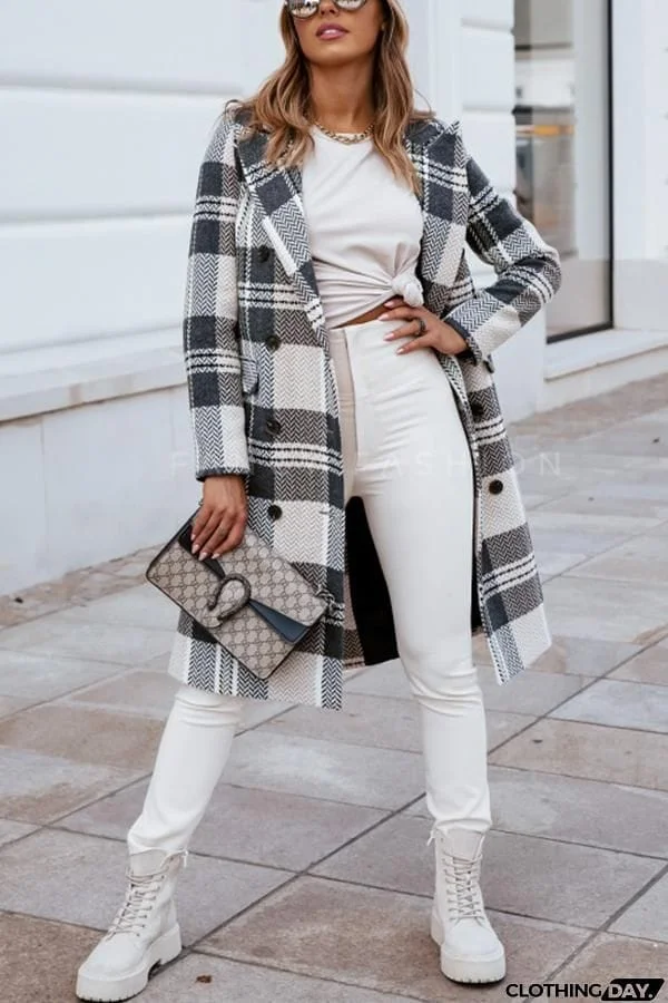 Plaid Print Long Sleeve Buttoned Pea Coat