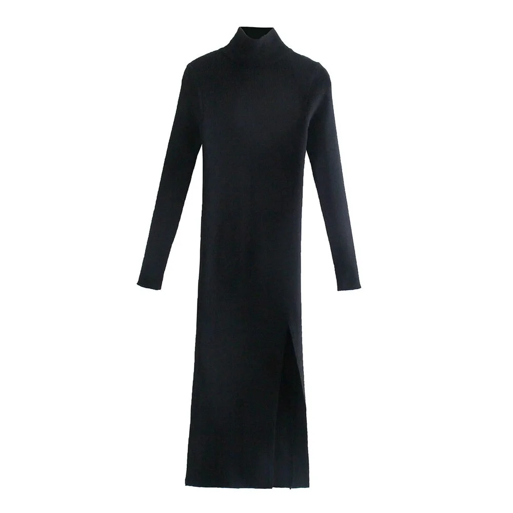 TRAF Women Chic Fashion Front Slit Sheath Knit Midi Dress Vintage High Neck Long Sleeve Female Dresses Vestidos Mujer