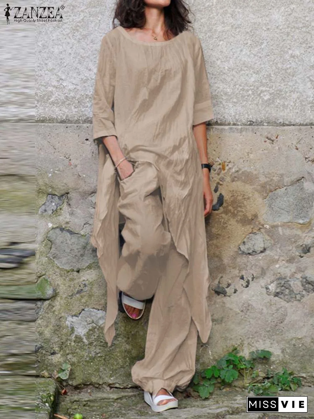 Two Piece Sets Women Tracksuit Zanzea Fashion Summer Matching Sets 2Pcs Casual 3/4 Sleeve Irregular Blouse Suits Urban Outifits7