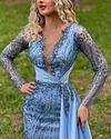 Women's V-neck Blue Sequin Embroidery Dress