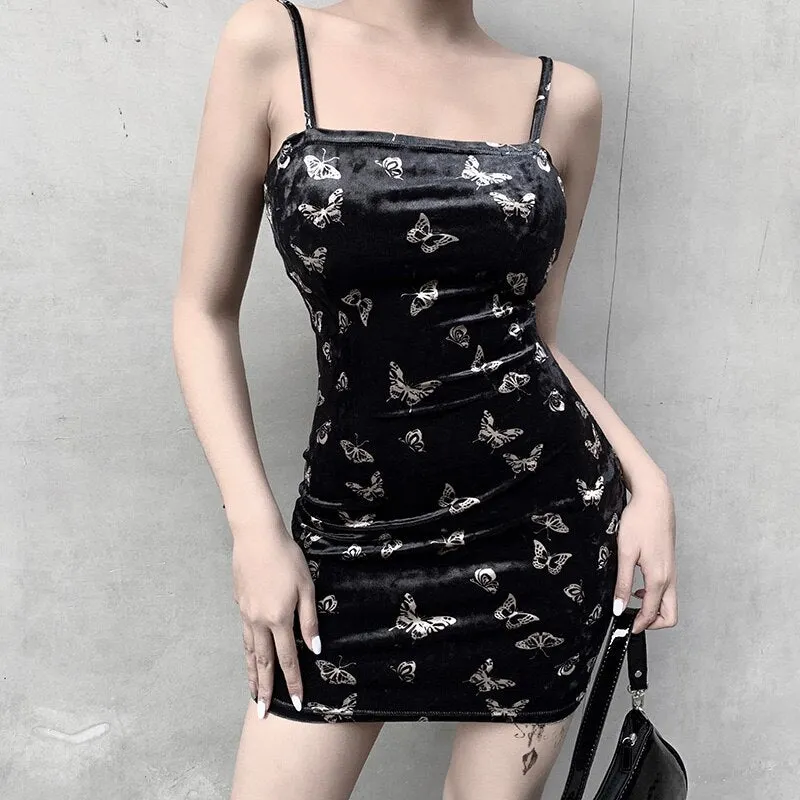 InsGoth Spaghetti Strap Black Mini Bodycon Dress Women Gothic Sleeveless Butterfly Embroidery Sexy Female Dress Vintage Party