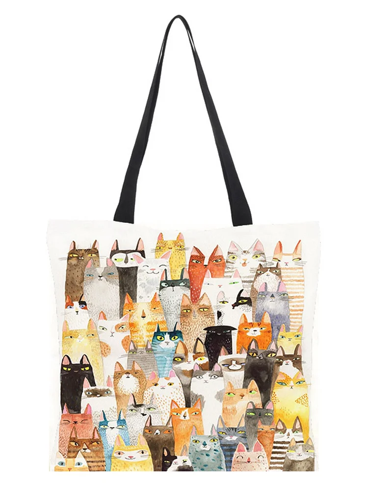 Casual All Season Cat Printing Canvas Daily Tote Canvas Regular Shoulder Bag For Women
