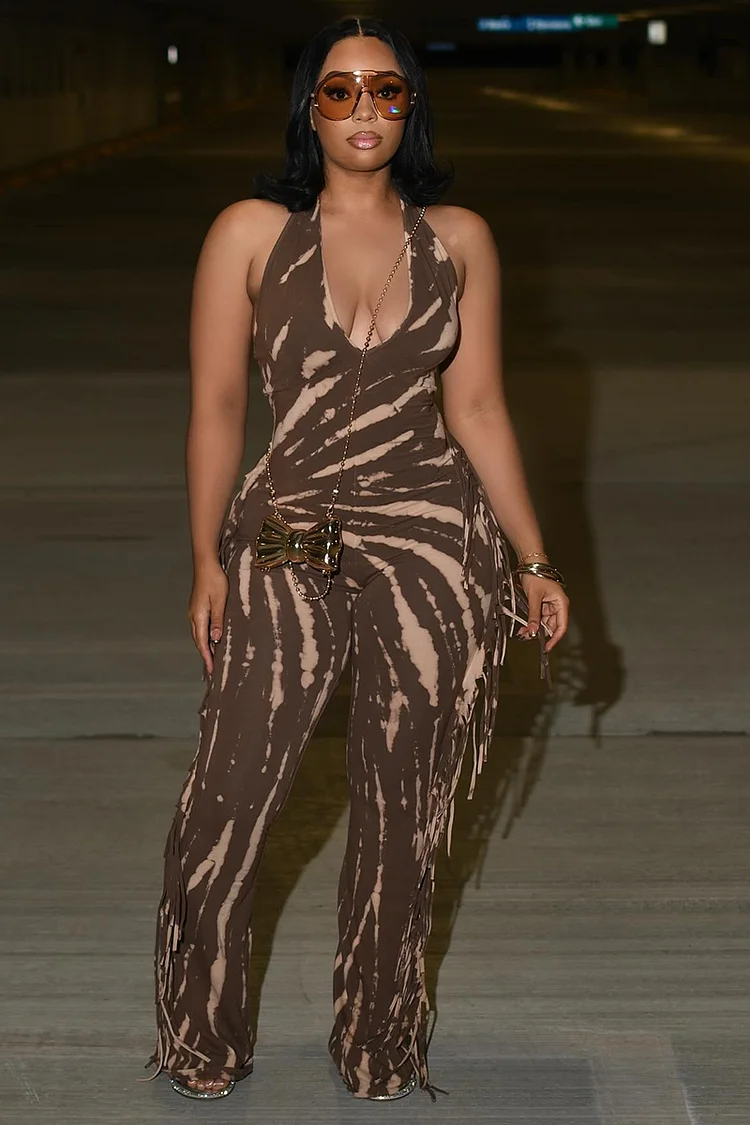 Halter U Neck Tie Dye Print Fringe Daily Wide Leg Jumpsuit-Brown [Pre Order]