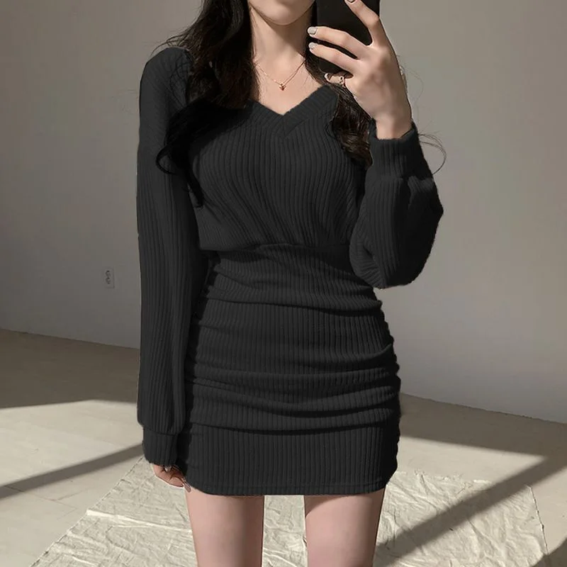 Long-Sleeve V-Neck Ruched Knit Mini Bodycon Dress YP647
