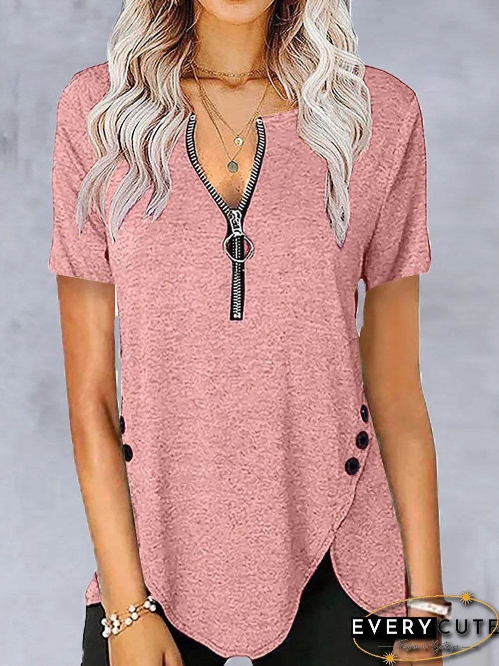 Round Neck Zipper Loose Casual Short-sleeved T-shirt