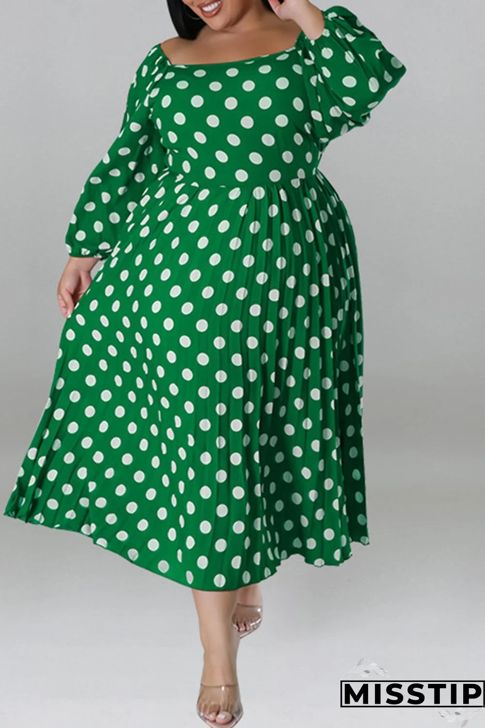 Black Casual Dot Print Patchwork Backless O Neck Long Sleeve Plus Size Dresses (Without Belt)