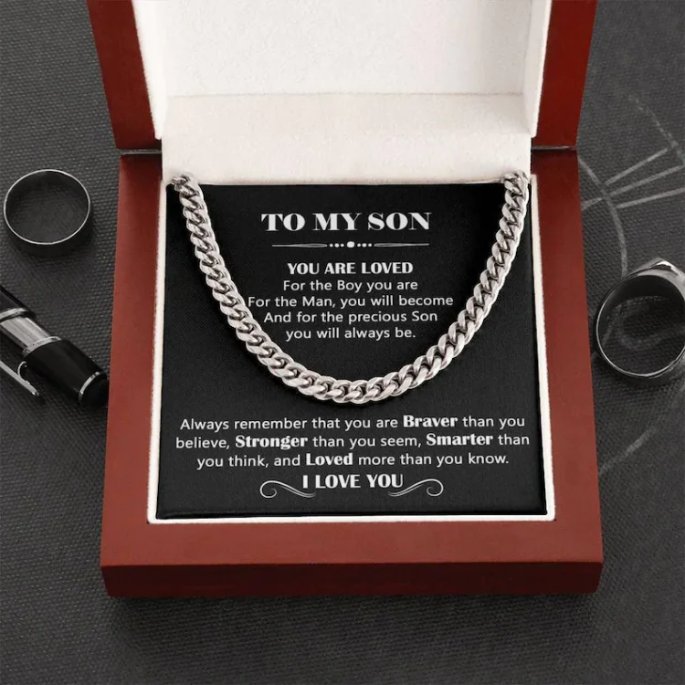 To My Son Cuban Link Chain Necklace Gift Set "Loved More Than You Know"