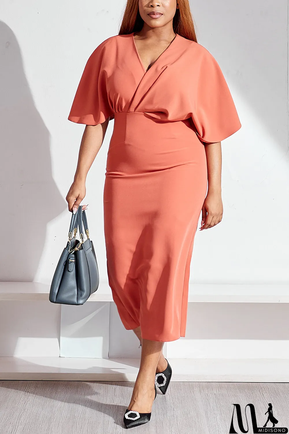 MidiSono - Black Plus Size Casual Simplicity Basis Solid Color V Neck Wrapped Skirt