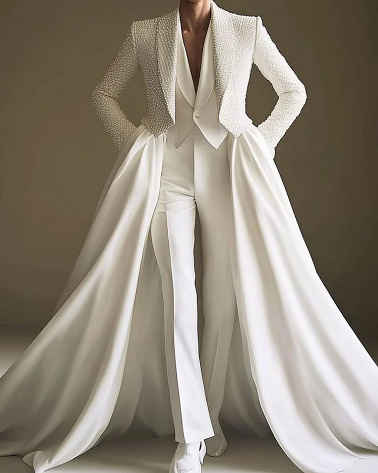 Men's Fashionable White Pearl Long Coat