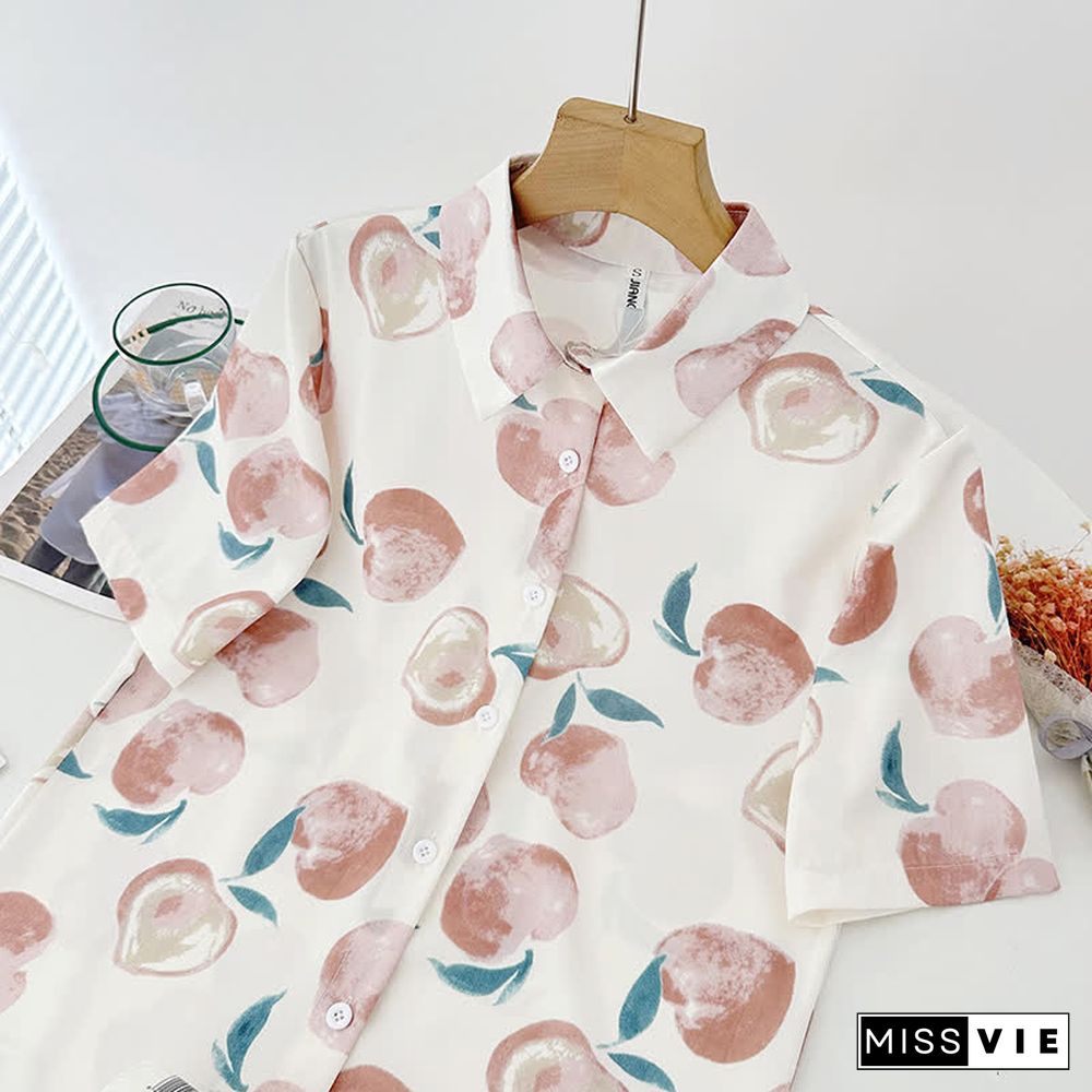 Cartoon Print Lapel Short Sleeve Loose Shirt