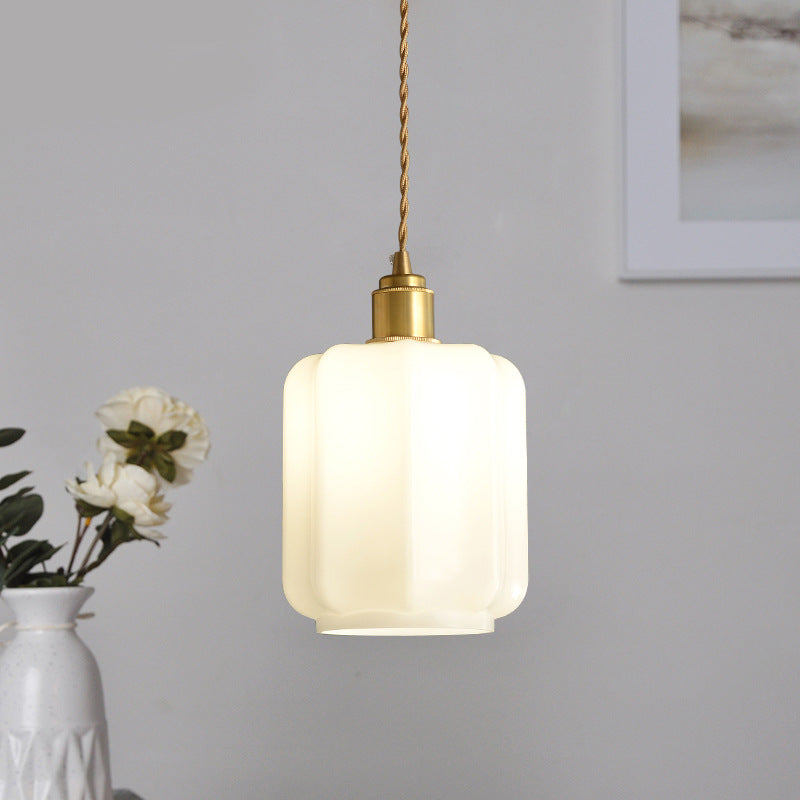 Traditional Vintage Cylindrical Brass Glass 1-Light Pendant Light For Bedroom