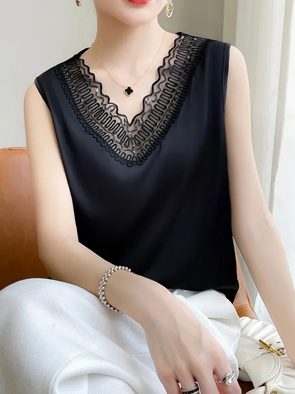 Split-Joint Solid Color See-Through Sleeveless Plus Size Round-Neck Vest Top BLACK-XL