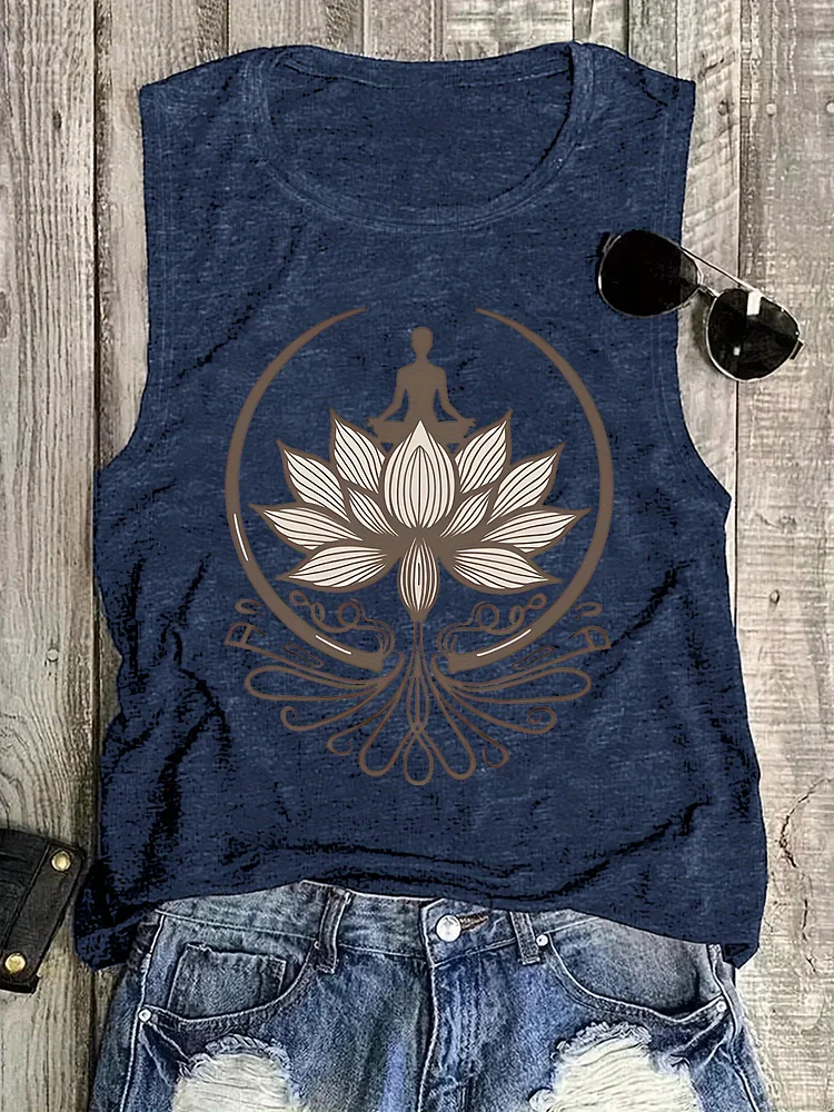 Women's Casual Crew Neck Sleeveless Tank Top With For Lotus & Geometric Print, Lightweight Polyester Knit Vest For All Seasons, Relaxed Fit Pullover Top | Semitransparent Design | Knit Construction