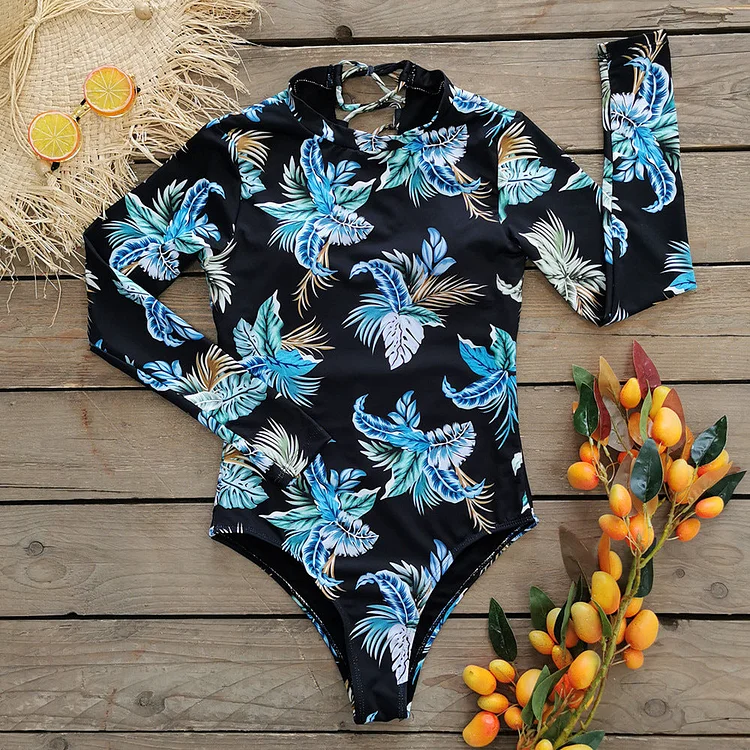 Long Sleeve Backless Printed Surf One Piece Swimsuit Flaxmaker