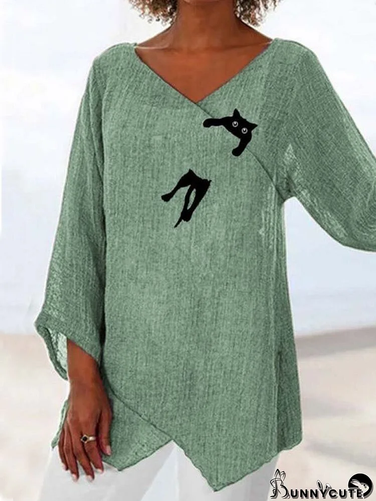 Women Cute Cat Print Wrap Design Cotton 3/4 Sleeve Blouse