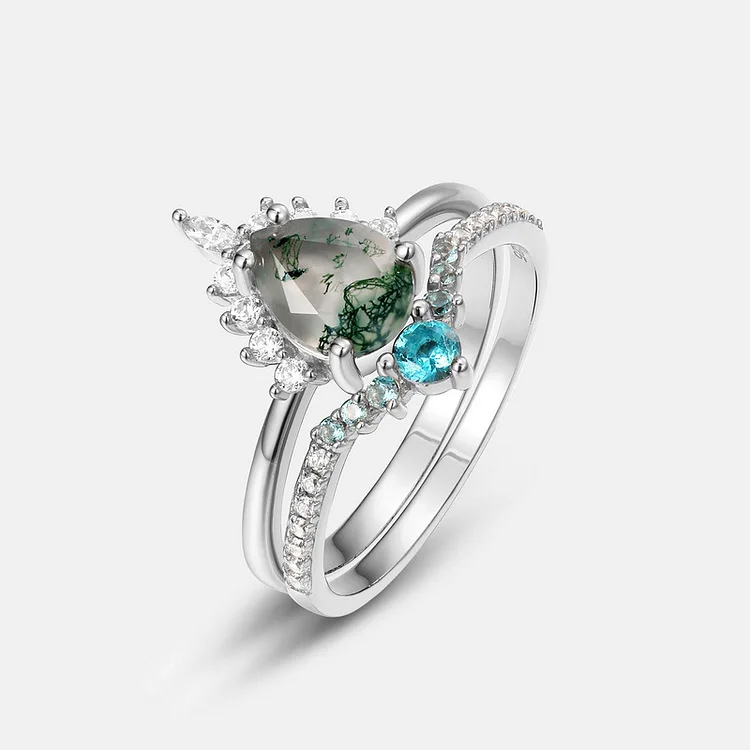 Vintage Pear Shaped Moss Agate Unique Bicolor Gemstone Engagement Ring Set